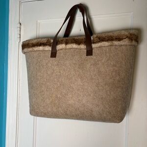 Barnes & Noble, large travel tote bag faux fur trim brown/ beige